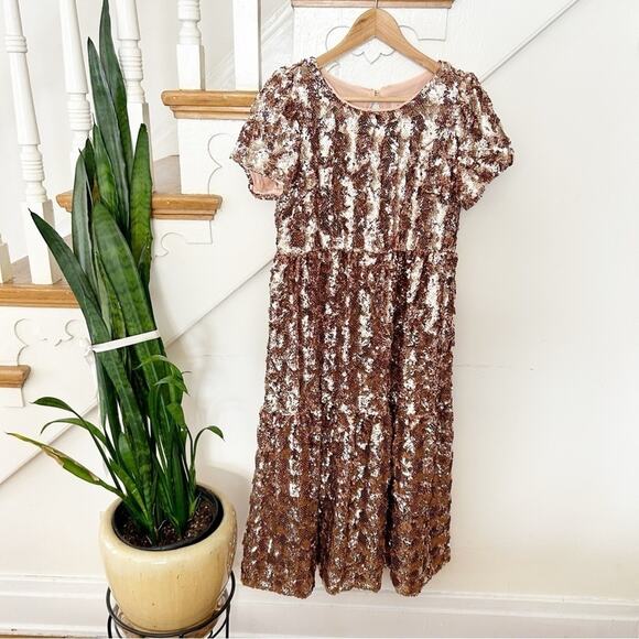 Maeve Anthropologie Bernadette Sequined Short Sleeve Tiered Midi Dress Size XS - Picture 2 of 9